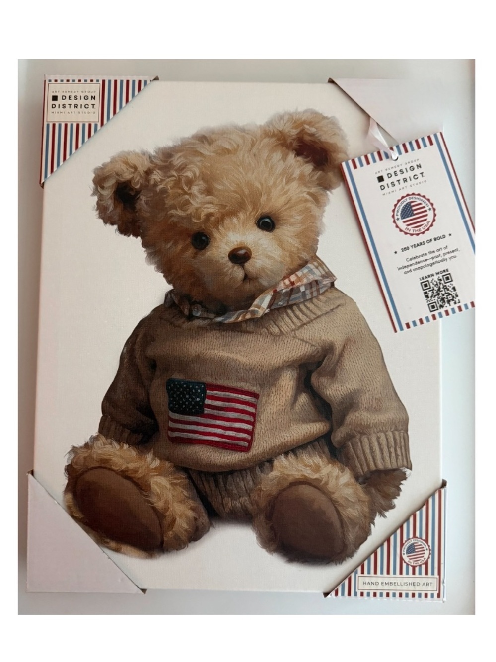 Teddy Bear nwt Canvas Wall Art with American Flag Sweater approx 14 x 11 x 1.5